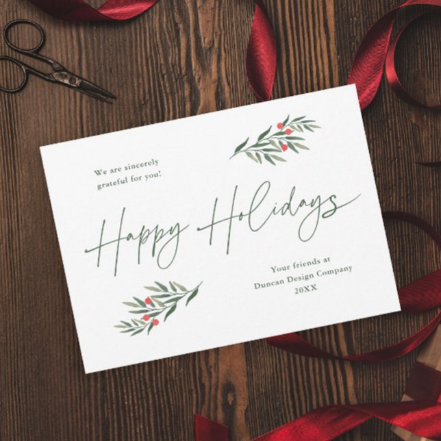 O simples verde deixa Cartões de natal comerciais (A simple script greenery leaves green and red business holiday magnetic card.)