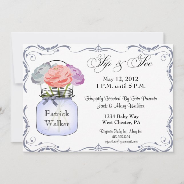 O sorvo do frasco de pedreiro e vê o convite do (Frente)