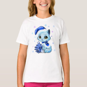 O t-shirt bonito da menina tirada mão do gato do