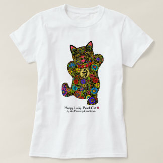 O t-shirt da mulher afortunada feliz do gato preto