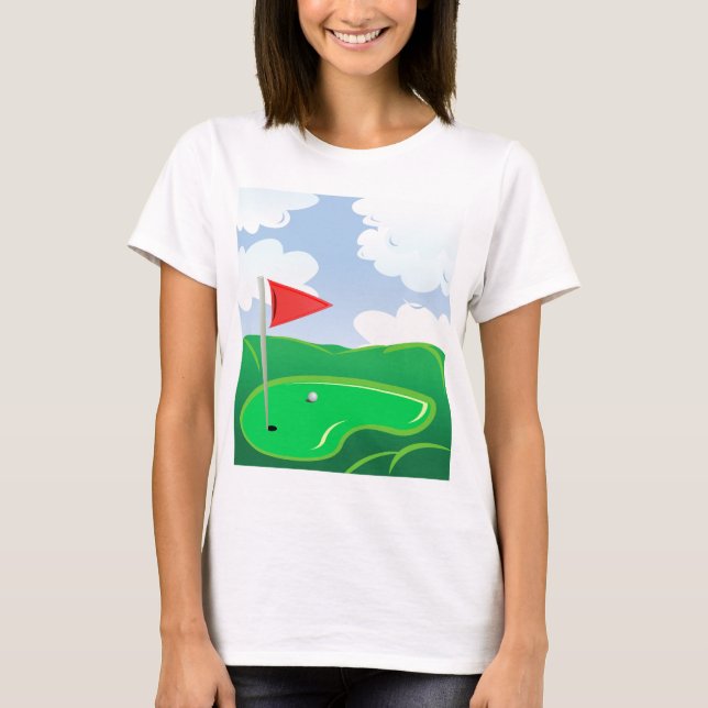O t-shirt das mulheres verdes do campo de golfe (Frente)