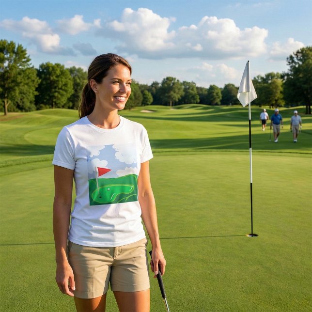 O t-shirt das mulheres verdes do campo de golfe (Criador carregado)