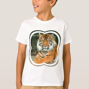 O t-shirt do miúdo alaranjado do tigre