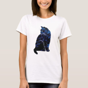 O t-shirt floral das mulheres azuis do gato