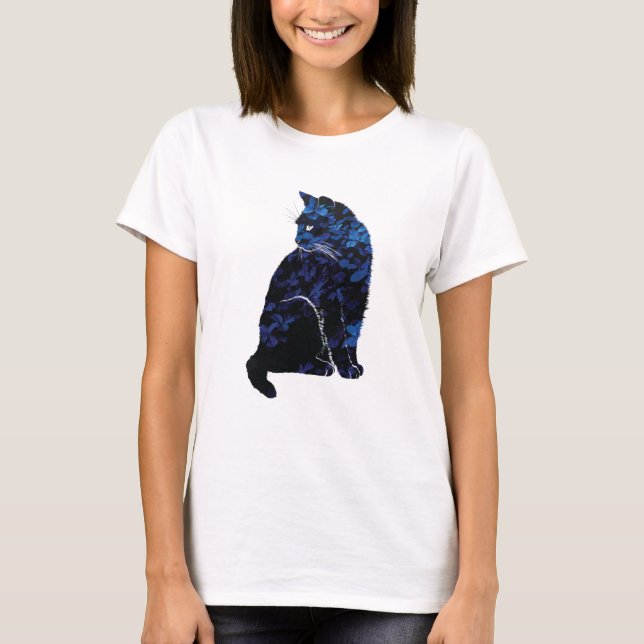 O t-shirt floral das mulheres azuis do gato (Frente)