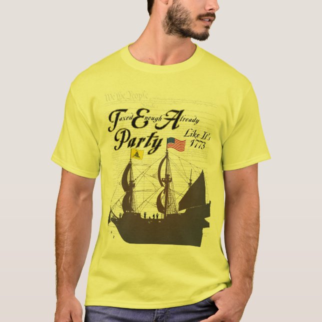 O tea party como ele é 1773 - camisa de Gadsden (Frente)