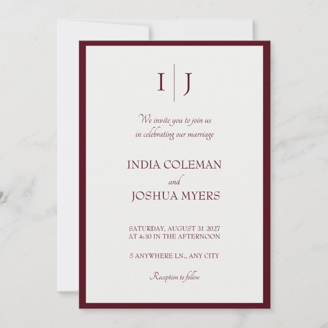 O Vinhedo: Convite de Casamento Borgonha e Branco (Frente)