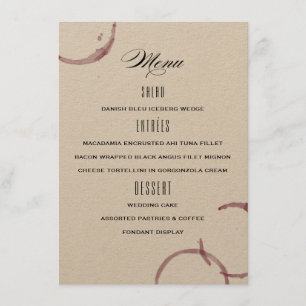 O vinho mancha o menu do casamento do vinhedo da