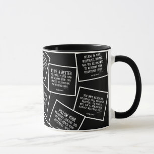 O voleibol cita a caneca de café em preto e branc