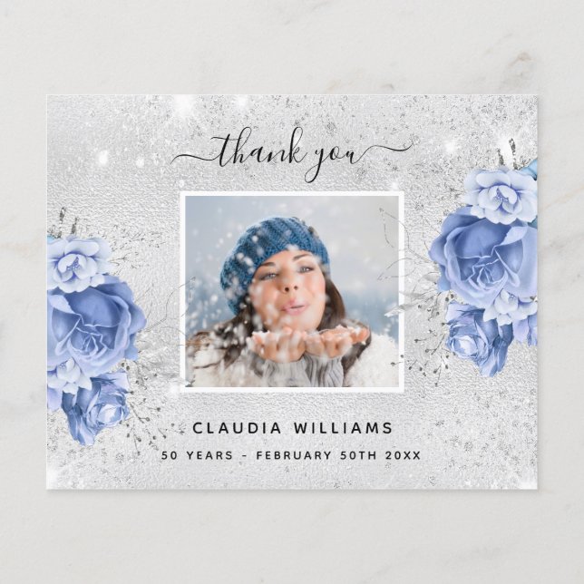 Obrigado de fotos azul prateado de aniversário (Verso)