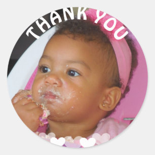 Obrigado etiqueta da foto da menina do aniversári