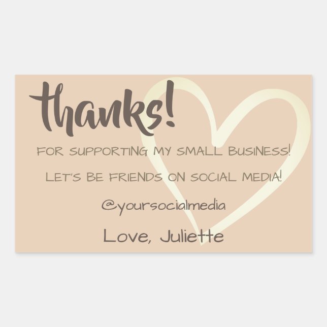 Obrigado Etiqueta Redes Sociais Beige Cream Heart (Frente)