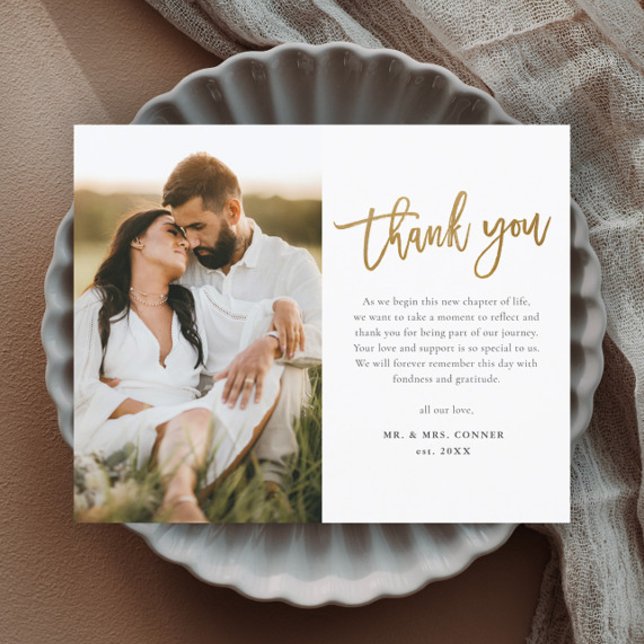 Obrigado Foto Casamento Moderno com Letra Dourada (Modern gold script wedding photo thank you magnetic card.)