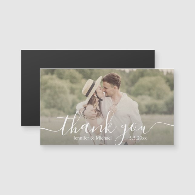 obrigado ímã de foto de casamento com letra manusc (Frente/Verso)