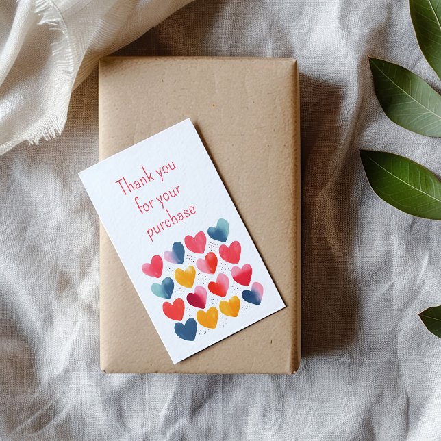 Obrigado pela sua compra amor cartão de inserção c (Thank you customer insert card with colorful hearts on kraft gift box.)