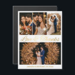 obrigados 4 fotos colagem magneta de casamento<br><div class="desc">obrigados e amor 4 fotos colagem guião dourado ímã de casamento</div>