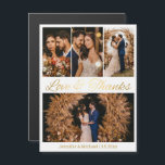 obrigados 4 fotos colagem magneta de casamento<br><div class="desc">obrigados e amor 4 fotos colagem guião dourado ímã de casamento</div>