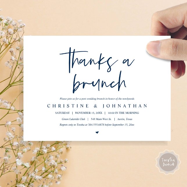 Obrigados de um convite para comemoração de casame (Thanks A Brunch, Wedding Elopement Invitation Card, PDF, Modern Wedding Party, Navy Blue)