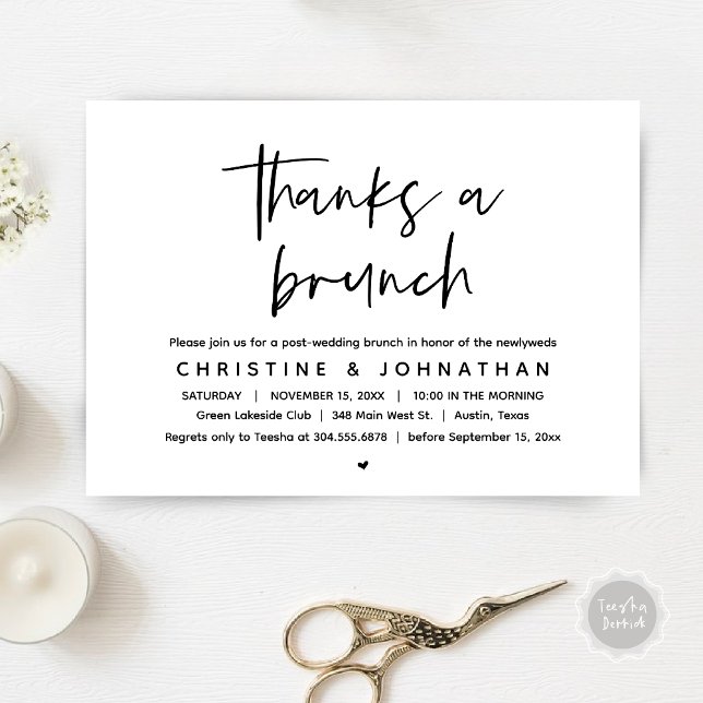Obrigados de um convite para comemoração de casame (Thanks a brunch, The Morning After, post wedding celebration invitation card, PDF, White Black)