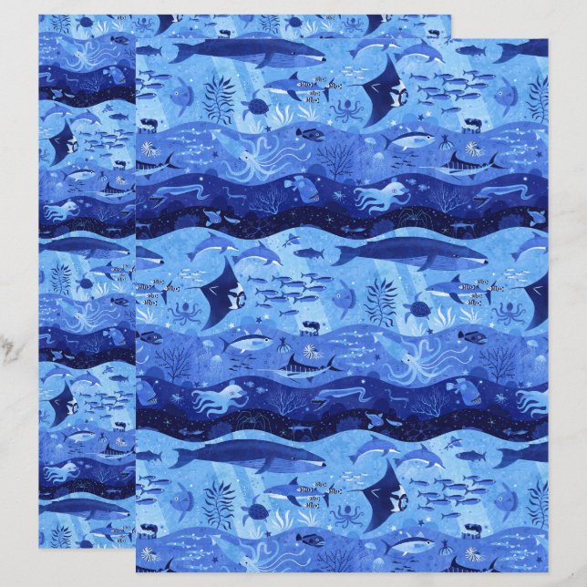Ocean Depth Zones - Marine Animals Scrapbook Paper (Frente/Verso)