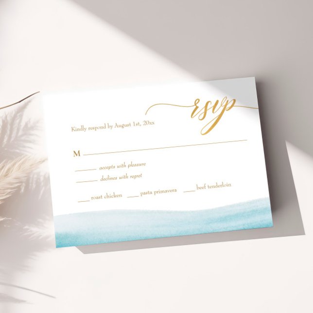 Ocean Watercolor Dourado Script Beach Weding RSVP (Criador carregado)