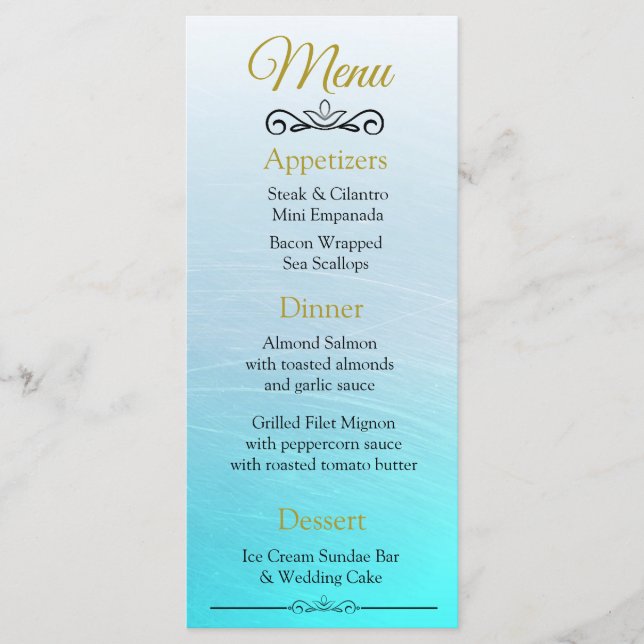Oceanic Beach Themed Aqua Blue Weding Menu Card (Frente)