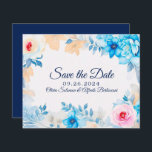 Oceano azul-aquarela floral Salve a Data<br><div class="desc">Este Oceano azul de aquarela floral Salve a Data é perfeito para seu visual legal de verão, casamento ao estilo moderno. O estilo azul-oceano e legal das flores acompanhadas pelas flores complementares cor-de-rosa-pincel minimalista ajudará a dar vida à sua visão! Este design de tons de flores azuis e cor-de-rosa, toques...</div>