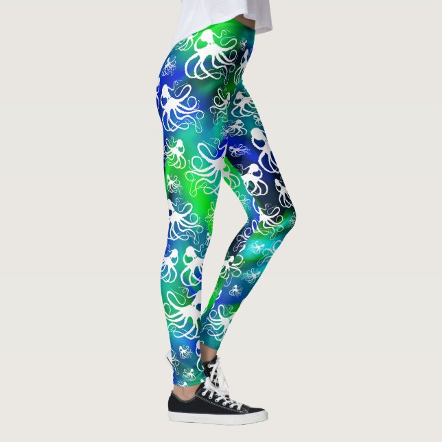 Octopus Branco Em Verde Azul - Leggings (Direita)