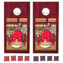 Octopus Comendo Ramen em Madeira Vermelha - Ramen
