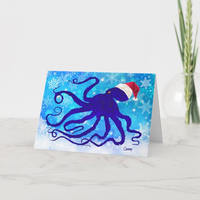 Octopus de Natal Azul - Cartão de 7" x 5" (Frente)