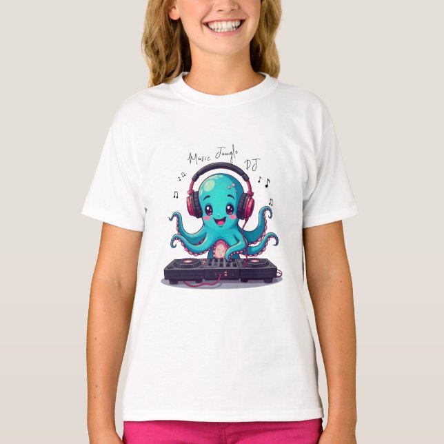 Octopus DJ sorridente, Feliz Camiseta Selva de Mús (Frente)