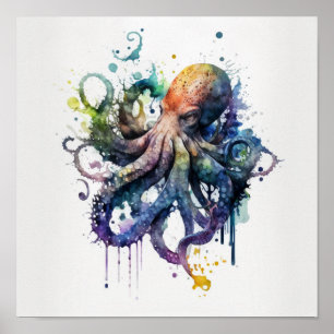Octopus em poster de aquarela
