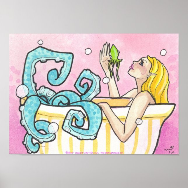 Octopus Mermaid em Bathtub fantasia art poster (Frente)