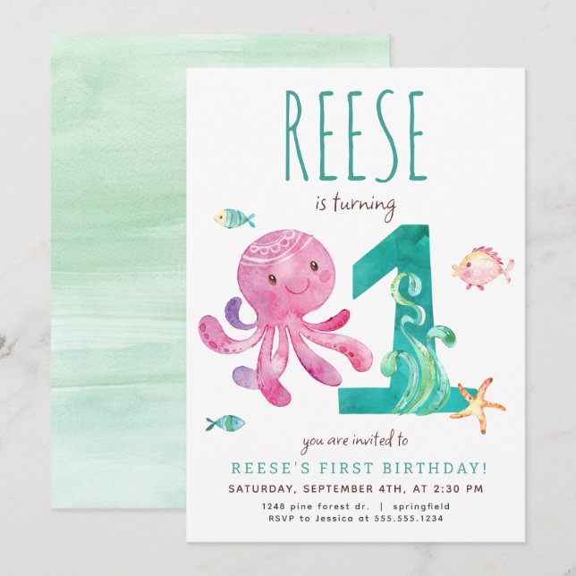 Octopus Primeiro Convite de Aniversário (Frente/Verso)