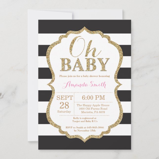 Oh Baby Black e Dourado Convite para Chás de frald (Frente)