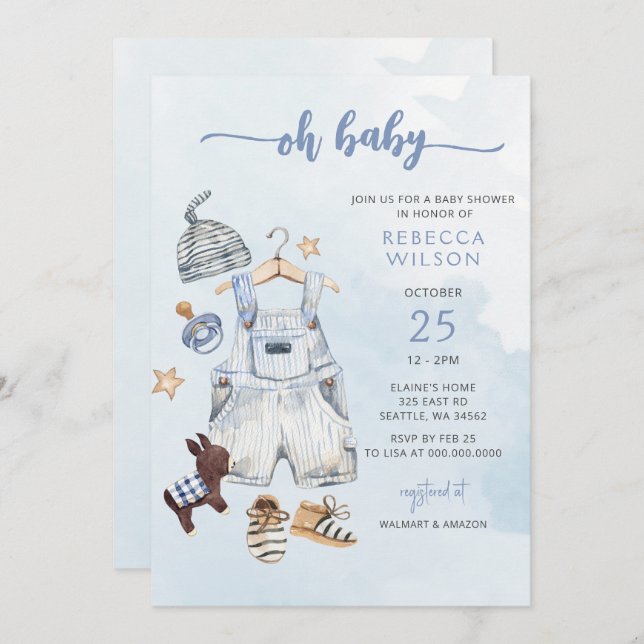 Oh Baby Blue Boho Boy Convite para Chá de fraldas (Frente/Verso)