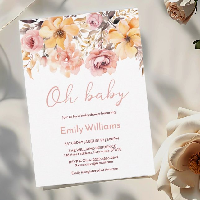 Oh Baby Blush Pink Floral Chá de fraldas Convite (Blush pink and peach peonies watercolor girl baby shower invitation )
