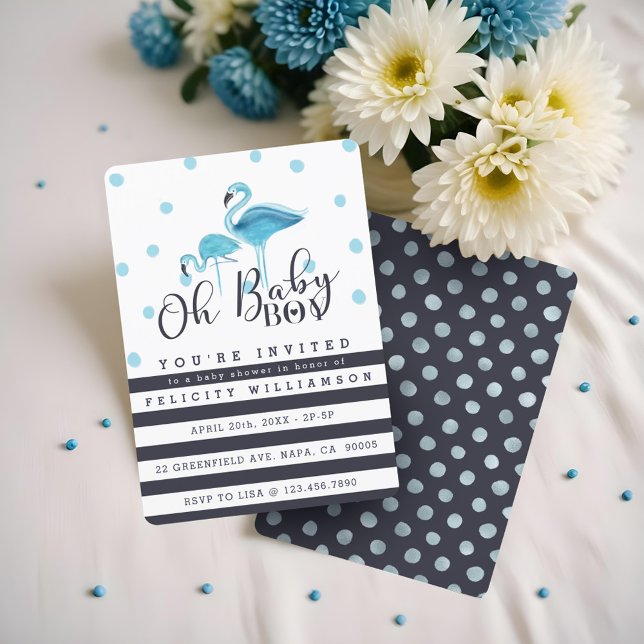 Oh Baby Boy Blue Flamingo Chá de fraldas Convite (Oh Baby Boy Blue Flamingo Baby Shower Invitation)