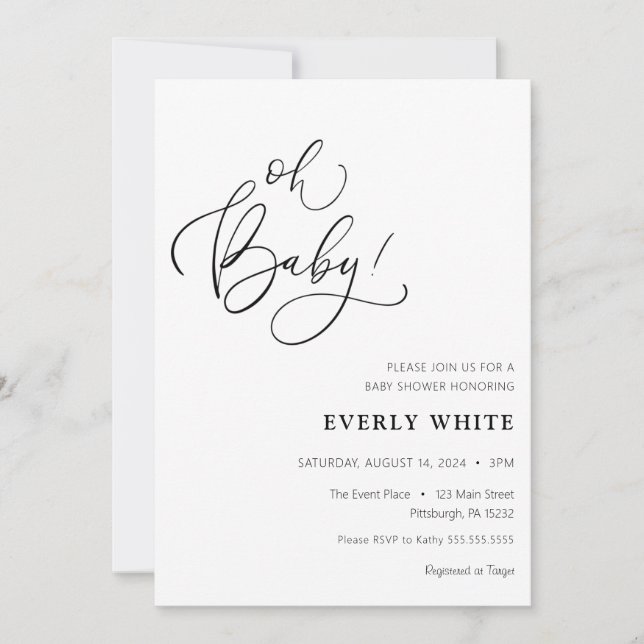 "Oh Baby" Convite para Chá de fraldas de caligrafi (Frente)
