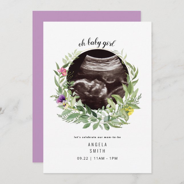 Oh Baby Girl Ultrasound Floral Sweet Convite (Frente/Verso)
