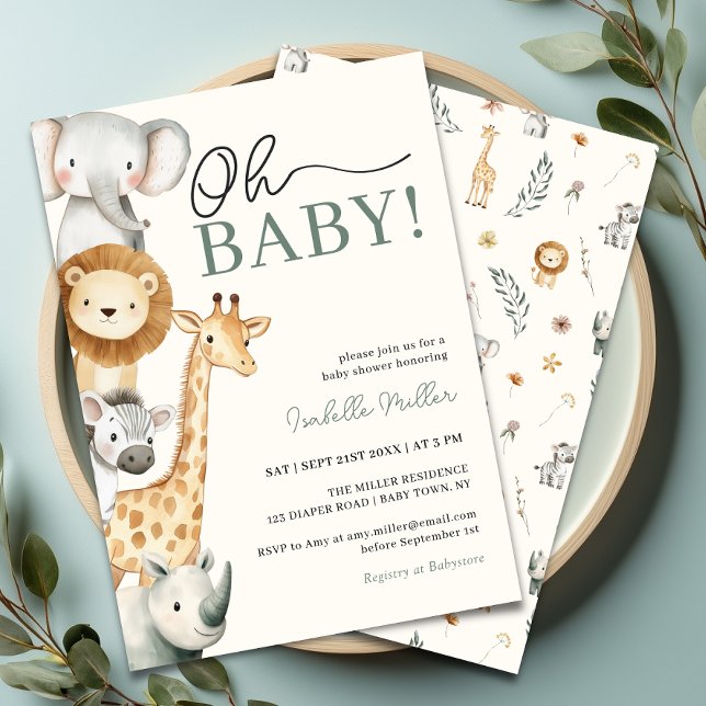 Oh Baby Jungle Safari Chá de fraldas Convite (Oh Baby Jungle Safari Baby Shower Invitation Front & Back)