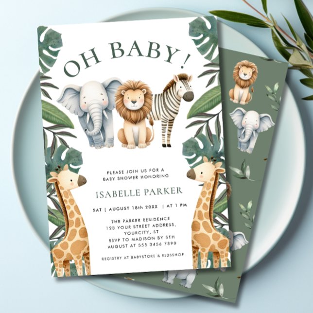 Oh Baby Jungle Safari Chá de fraldas Convite (Oh Baby Jungle Safari Baby Shower Invitation- front & back)