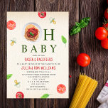 Oh Baby Pasta   Pacificadores Convite para Chá de<br><div class="desc">Tema da festa da pasta chá de fraldas Pizza & Pacificadores com Ilustração de uma placa de esparguete revestida com molho vermelho incorporado ao design "oh baby" com ilustrações de tomate,  manjericão e pacificador em toda a parte.</div>