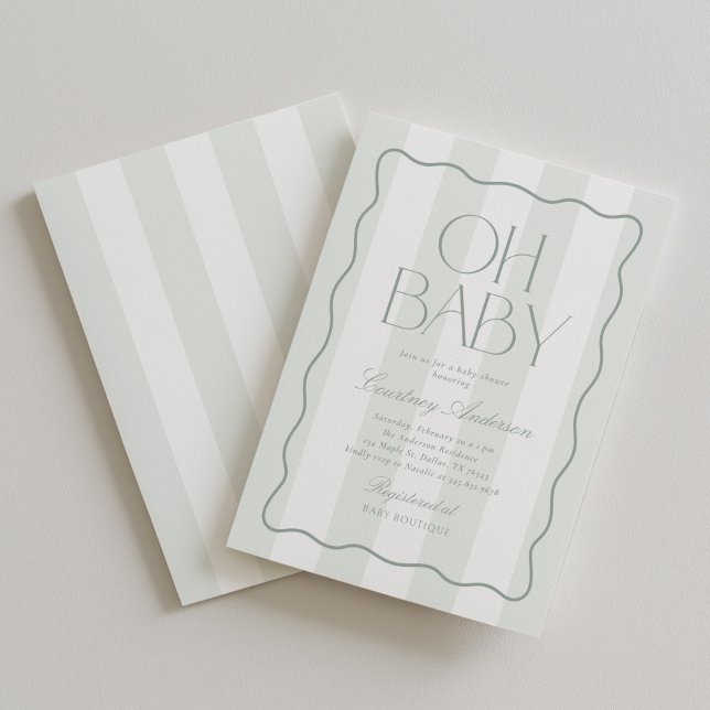 Oh Baby Verde Sage Moderno Convite Listrado para C (Criador carregado)