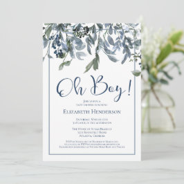 Oh Boy Blue Floral Greenery Chá de fraldas Convite