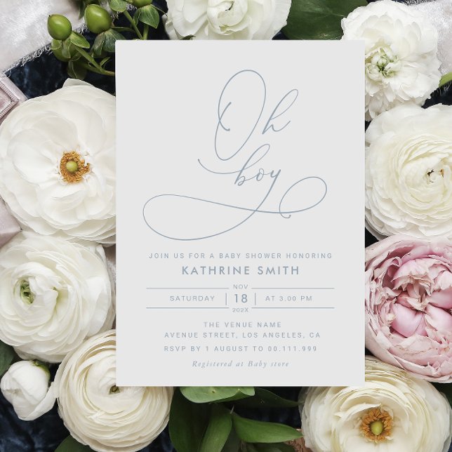 Oh Boy Dusty Blue Modern Chá de fraldas Convite (Criador carregado)