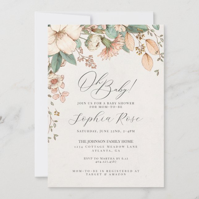 Oh chá de fraldas floral de flor rosa-bebê (Frente)