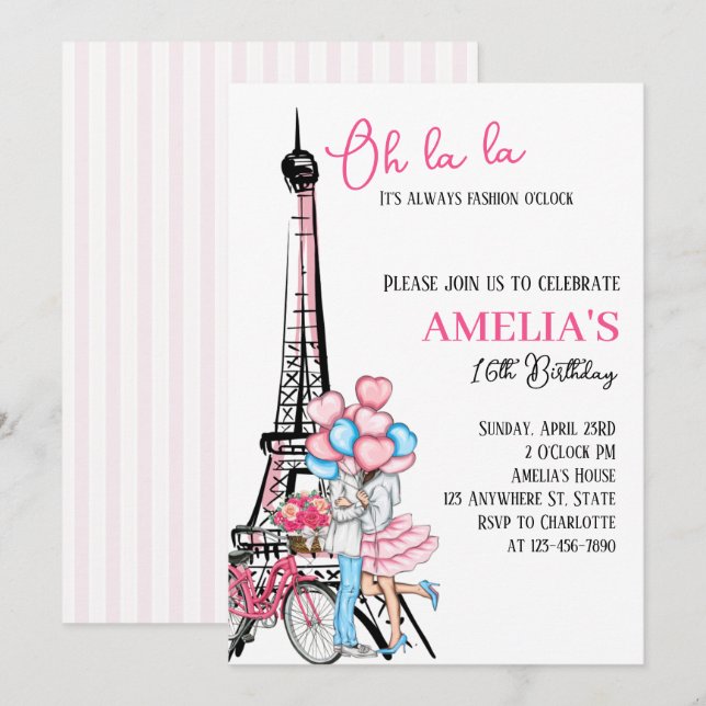 Oh la Paris Pink Amava Convite de Aniversário (Frente/Verso)