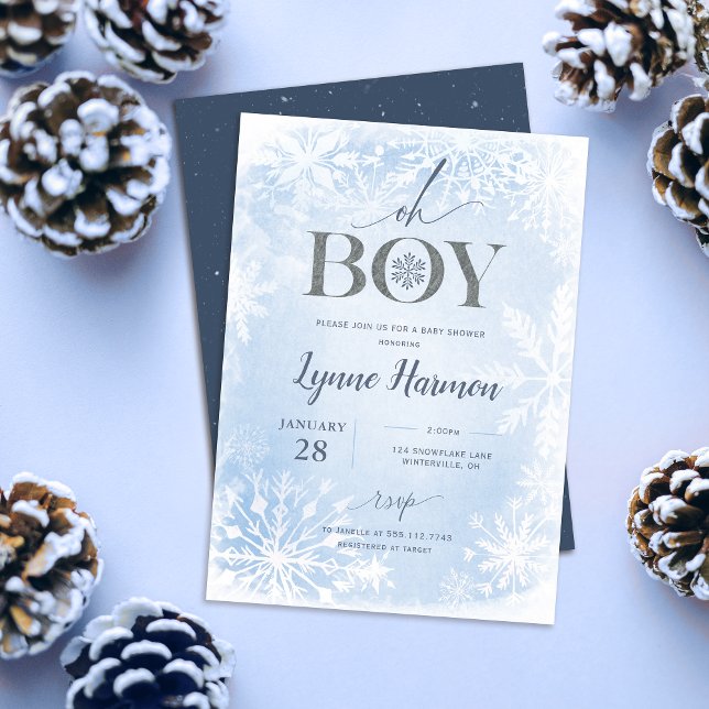 Oh Menino Inverno Chá de fraldas Convite Azul (Oh boy winter baby shower  invitation shown with navy back file on a blue table with pine cones
)