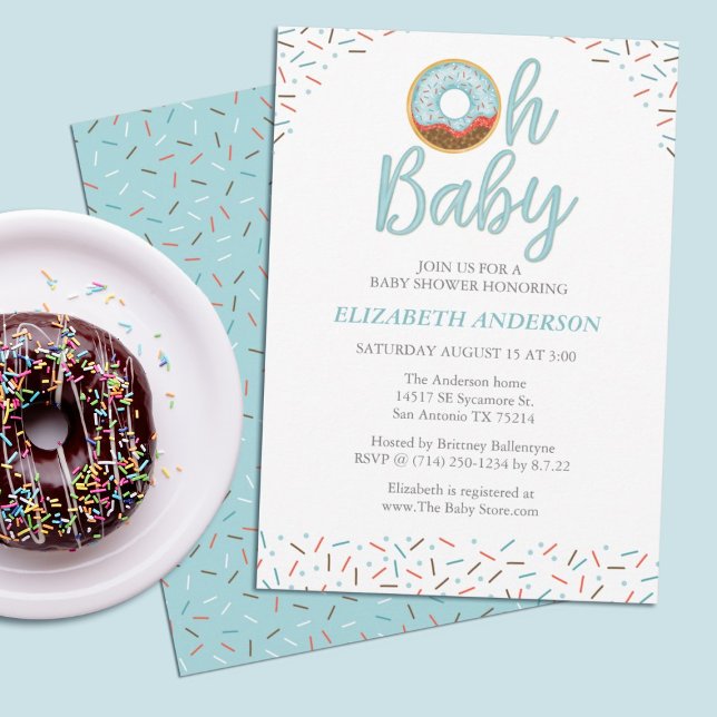 Oh Rosquinha Bebê borrifando Chá Baby Boy Convite (A donut themed baby boy shower invitation.)